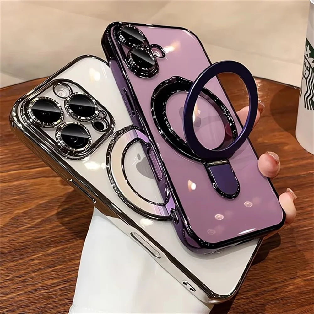 Luxury Magsafe Case with Magnetic Ring Stand – Clear Acrylic Cover for iPhone