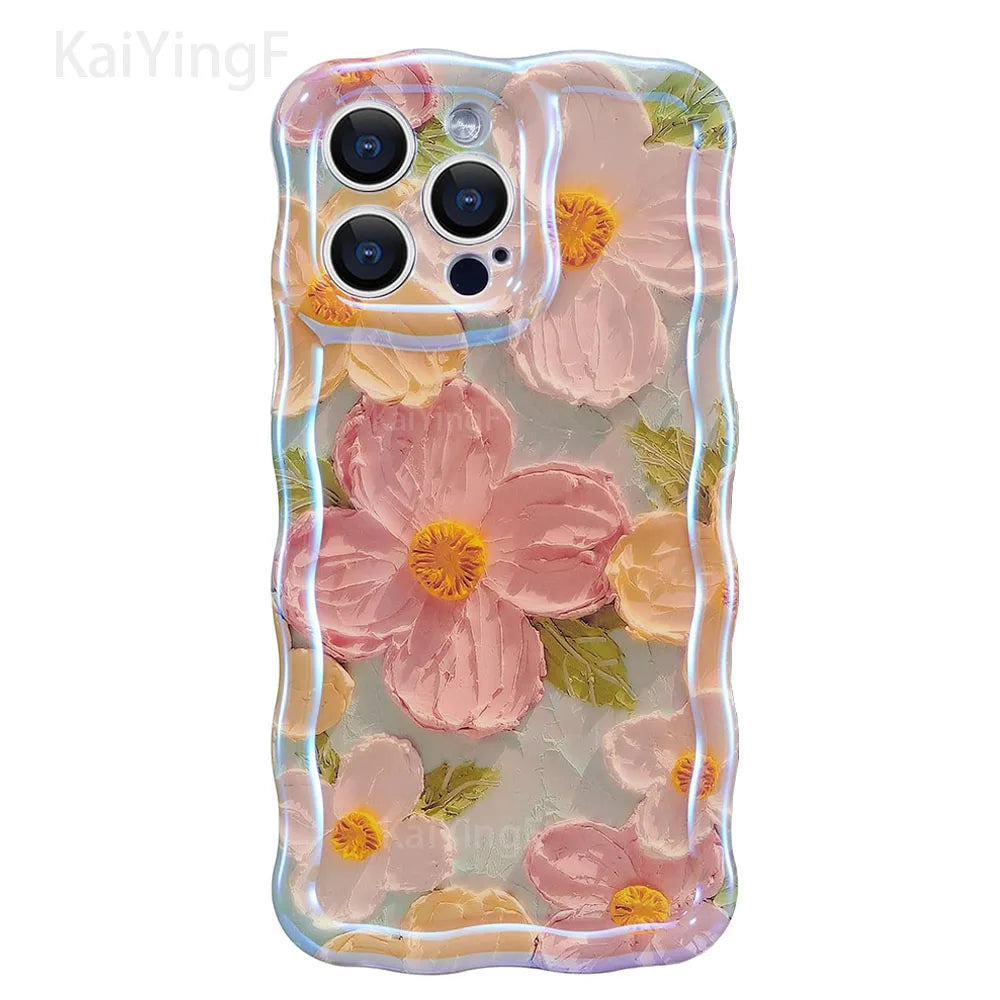Stylish Floral Oil Painting Phone Case – Retro Wave Border Design for iPhone 11–16 Pro Max