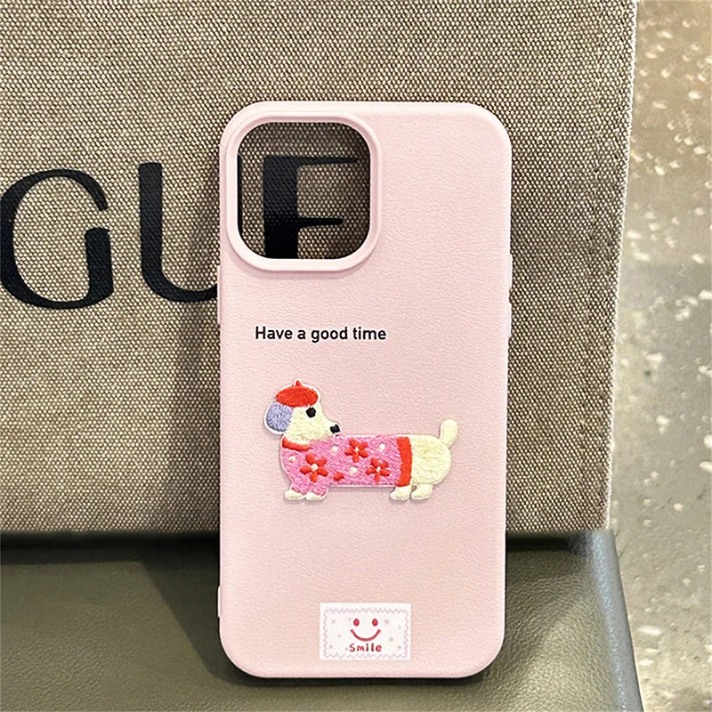 Cute Cartoon Dog Case for iPhone – Soft Litchi Pattern Cover